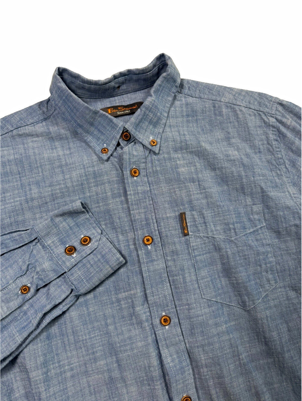 Ben Sherman Men’s Large Blue Solid Woven Cotton L/S Button-Up Shirt Pockets